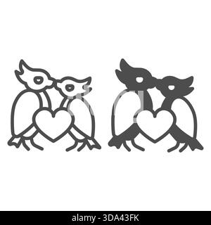 Kuss und Herz der Vögel Paarreihe und solides Symbol, Frühlingssaison-Konzept. Vektorgrafiken. Vögel in Liebe, Familienzeichen auf weißem Hintergrund, Umrissstraße Stock Vektor
