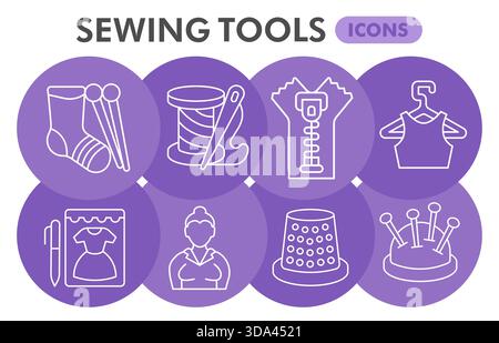 Nähwerkzeuge Symbole Sammlung oder Skizzen, Strickblase mit dünnen Linien für Web und App. Vektorgrafiken isoliert auf weißem Hintergrund Stock Vektor