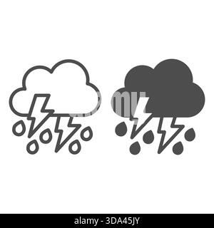 Wolke mit Regen- und Blitzlinie und festem Symbol, Frühlingssaison-Konzept. Vektorgrafiken. Regnerische Wolke, Wetterschild auf weißem Hintergrund, Umriss styl Stock Vektor