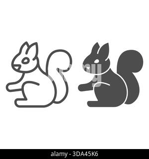 Eichhörnchen mit buschiger Schwanzlinie und festem Symbol, Frühjahrskonzept. Vektorgrafiken. Waldhörnchen, Tierzeichen auf weißem Hintergrund, Umrissstil Stock Vektor