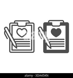 Clipboard der Therapietestlinie und solides Symbol, Konzept für psychische Gesundheit. Vektorgrafiken. Papier mit Herzform und Stift, Psychologieschild auf weißem Hintergrund Stock Vektor
