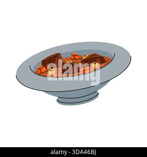 Ziegencurry-Eintopf oder arabisch gewürzte Fleischgerichte. Vektor asiatische Mahlzeit oder Küchenschale in Schüssel. Nährstoff mit Masala für Festessen oder Festivals. Kochen und Nahost-Ernährung, Gastronomie. Abendessen oder Mittagessen. Stock Vektor
