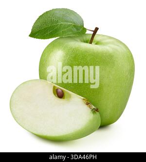 Apple Beschneidungspfad. Reife ganze Apfelfrucht mit grünem Blatt und Scheibe isoliert auf weißem Hintergrund mit Beschneidungspfad. Makrofoto von Apple Fruit Stockfoto