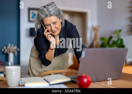 Reife Geschäftsfrau, die ihr Geschäft von zu Hause aus leitet, telefoniert und an ihrem Laptop arbeitet Stockfoto