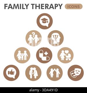 Sammlung oder Skizzen für Familientherapien, Blase für psychologische Themen mit Glyphenzeichen für Web und App. Vektorgrafiken isoliert auf weißem Backgr Stock Vektor