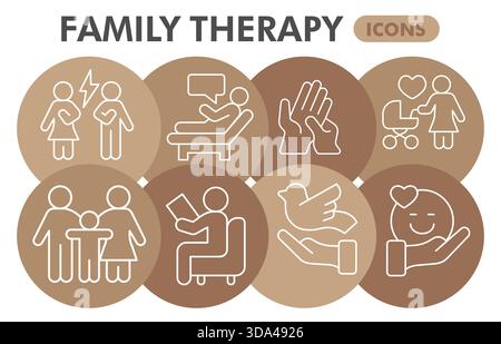 Sammlung oder Skizzen für Familientherapien, Blase für psychologische Themen mit dünnen Schildern für Web und App. Vektorgrafiken isoliert auf weißem Ba Stock Vektor