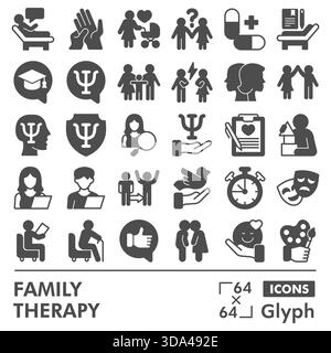 Sammlung oder Skizzen für Familientherapien, Blase für psychologische Themen mit Glyphenzeichen für Web und App. Vektorgrafiken isoliert auf weißem Backgr Stock Vektor