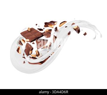 Сhocolate mit Milchspritzern auf weißem Hintergrund in Stücke gebrochen Stockfoto