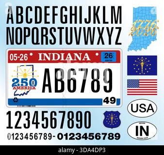 Indiana Autokennzeichen Muster 250. Jahrestag 2026, Buchstaben, Zahlen und Symbole, Vektorillustration, USA, Usa Stock Vektor