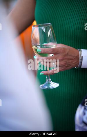 Frau in grünem Kleid mit einem Glas Weißwein auf einer Party oder einem gesellschaftlichen Treffen Stockfoto