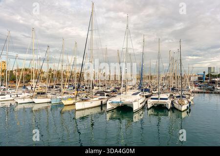 Toller Panoramablick auf den Hafen von Barcelona mit einem Riesenrad und vielen Segelbooten im Hafen, Spanien. Stockfoto