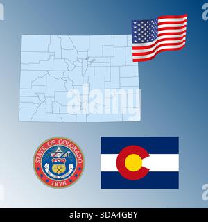 Colorado US Bundesstaat schwenkt Flagge, Siegel und Karte, Vereinigte Staaten, Vektor-Illustration Stock Vektor