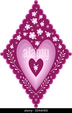 Vertikale Grußkarte mit Blumen. Rautendesign mit Herz und Blumen im Farbverlauf. Romantisches rosa Dekor. Hochzeitsdekor im Vektor. Stock Vektor