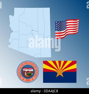 Arizona US Bundesstaat schwenkt Flagge, Siegel und Karte, Vereinigte Staaten, Vektorillustration Stock Vektor