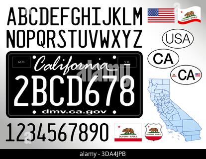 Kalifornische Autokennzeichen, Blackout-Stil, Buchstaben, Zahlen und Symbole, Vektorillustration, Vereinigte Staaten von Amerika Stock Vektor