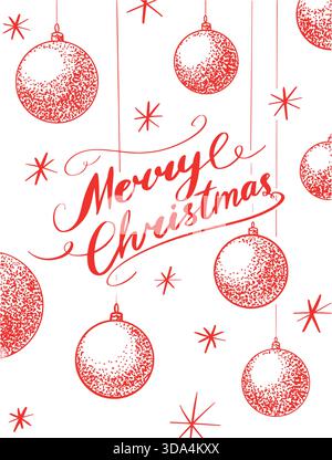 Weihnachtsgutschein. Fröhliches Cristismas-Konzept mit roten Kugeln. Handgezeichnete Elemente im Punktdesign für die Einladung zu einer Party Stock Vektor