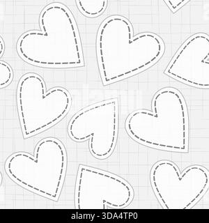 Abstraktes nahtloses Herzmuster. Zufällige Herzen mit Stichen. Weiße Herzen auf grauem Hintergrund. Herzförmige Patches. Schwarzweißmuster für Ihre va Stock Vektor