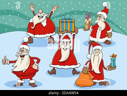 Cartoon-Illustration der Gruppe der glücklichen Weihnachtsmänner zur Weihnachtszeit Stock Vektor