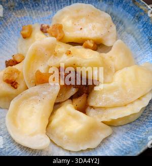 Mit Hackfleisch gefüllte Teigtaschen. Varenyky, Vareniki, Pierogi, Pyrohy - Teigtaschen mit Füllung. Hochwertige Fotos Stockfoto