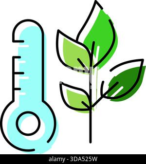 Thermometer zur Anzeige der Temperaturänderung mit grünen Pflanzenblättern Stock Vektor