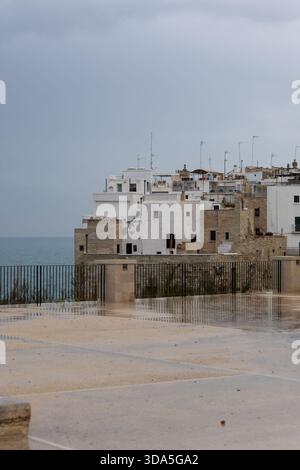 Ikonische weiße Gebäude der historischen Küstenstadt polignano a Mare, italien unter grauem Himmel, mit Blick auf die adria mit einem nassen, reflektierenden Vorwand Stockfoto
