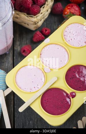 Eisformen mit hausgemachtem Saft aus Beerenfrüchten füllen Stockfoto