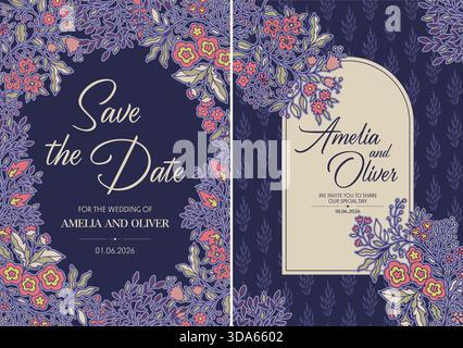 Farbenfroher Blumenrahmen, Marineblauer Hintergrund Stock Vektor