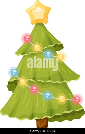 Dekorierter weihnachtsbaum mit Girlande und leuchtenden mehrfarbigen Lichtern, pastellfarbenen Kugeln, Sternendecke Stock Vektor