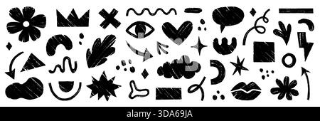 Abstraktes organisches Element-Set mit Buntstiften. Hand gezeichnete Skizze Doodle Scribble Pinsel geometrische Figur Form Buntstift Textur Hintergrund. Abstrakte Pfeil-, Kreis-, Zickzack-organische Elemente. Vektorabbildung Stock Vektor