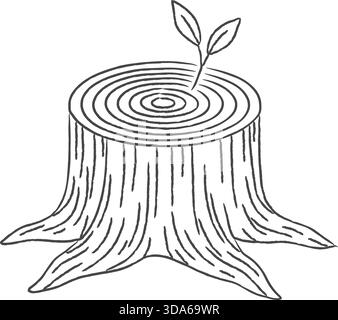 Baumstumpf mit sichtbaren Wachstumsringen und einem kleinen keimenden Zweig, gezeichnet in klarer schwarz-weißer Linienkunst. Stock Vektor