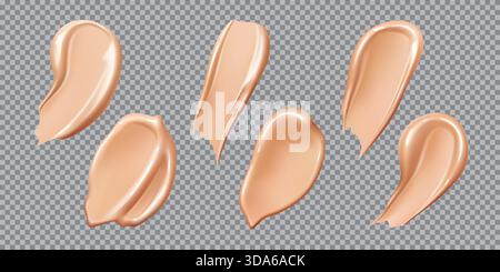 Realistische Foundation Creme und kosmetische Farbabstriche für Make-up, Vektorstriche Set. Beige Grundiercrememuster aus Concealer-Flüssigkeit oder Gesichtskosmetik und BB- oder CC-Creme-Textur in Glanzabstrichen Stock Vektor