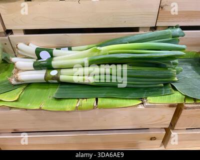 Frische japanische Zwiebeln oder Negi in Bananenblatt gewickelt auf einer Holzkiste in einem Supermarkt. Stockfoto