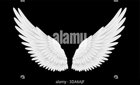 Realistische weiße Engelsflügel mit Federn. 3D Vektor Maskerade, Festival oder Karnevalskostüm. Realistische Vogel- oder Engelsflügel. Isolierte Freiheit, spirituelle Fantasie, spirituelles oder mythologisches Gefieder Stock Vektor