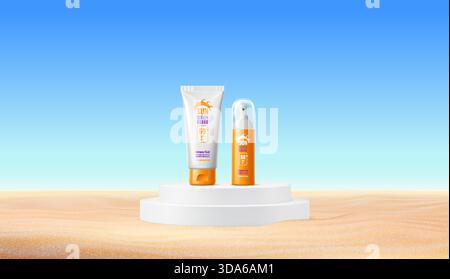3D weißer Vektor Podium Bühne mit Sonnenschutz Kosmetik Produkte auf Strand Sand. Weißer Ständer mit uv-Schutz, Sonnencreme, Creme und Lotionsflasche auf rundem Sockel Stock Vektor