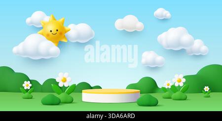 3D Kindervektor Podium Bühne mit grüner Wiese, Gänseblümchenblumen, fröhlicher gelber Sonne, die von weißen flauschigen Wolken in einem blauen Himmel blickt, und sanften grünen Hügeln. Kinderveranstaltung, Kinderproduktpodium Stock Vektor