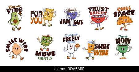 Lustige Frühstücks-y2k groovige Aufkleber. Verspielte Cartoon Vektor Avocado, Käse, Marmelade Glas, Müslischale, Croissant, Eier, Milch, Saft, Tee und Becher mit lächelnden Gesichtern verbreiten eine gute positive Atmosphäre Stock Vektor