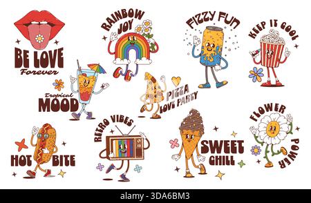 Y2K groovige Aufkleber mit Soda Dose, Hot Dog, Pizza, lustiges Popcorn, Eis, Happy Rainbow, Cocktail, Gänseblümchen, Lippen und tv-Charaktere. Hippie-Patches im Retro-Zeichentrick mit Vintage-Vibes der 70er Jahre Stock Vektor