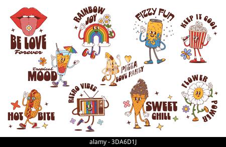 Y2K groovige Aufkleber mit Soda Dose, Hot Dog, Pizza, lustiges Popcorn, Eis, Happy Rainbow, Cocktail, Gänseblümchen, Lippen und tv-Charaktere. Hippie-Patches im Retro-Zeichentrick mit Vintage-Vibes der 70er Jahre Stock Vektor