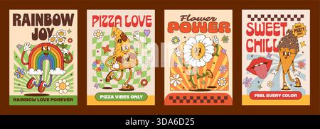 Groovige Poster mit Hippie-Charakteren mit wunderschönem, lächelndem Regenbogen, fröhlichem Pizzablatt, grooviger Gänseblümchenblüte und tanzendem Eisbecher. Cartoon Vect Stock Vektor
