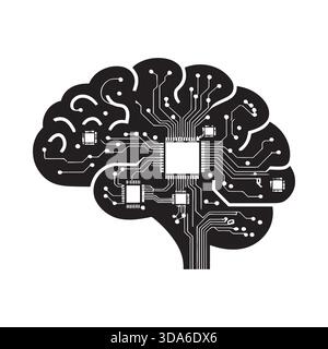 Stilisierte Silhouette eines menschlichen Gehirns, integriert mit Schaltungen und Mikrochips, die künstliche Intelligenz darstellen Stock Vektor