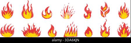 Kritzelfeuer im Stile von Buntstiften. Handgezeichnete Flamme mit Grunge-Textur. Grafikelement, ideal für lustige Collagen und Aufkleber. Buntstift-Kritzelei rotes Feuer. Vektor Stock Vektor