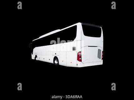Ein Big White Tour Bus isoliert auf schwarzem Hintergrund. Stockfoto
