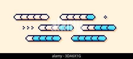 Prozentmaßstab für Pixelgrafik. Sechs blaue Ladeprozessbalken. Stock Vektor