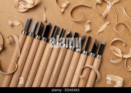 Satz Holzschnitzmeißel in einer Reihe mit Naturholzspänen auf einer Werkbank angeordnet. Professionelle Holzbearbeitungswerkzeuge für Handwerk, Tischlerei, Heimwerkerbau Stockfoto