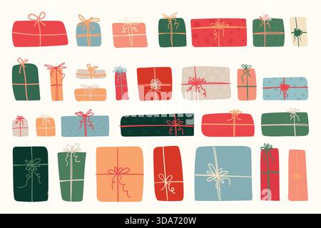 Handgezeichnetes Weihnachtsgeschenk-Set. Buntes Geschenkset Mit Doodle. Verspielte Festtage präsentiert Kollektion Stock Vektor