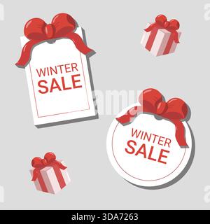 Werbedesign für den Winterverkauf mit auffälligem Text für DEN WINTERVERKAUF auf Etiketten mit roten Schleifen. Enthält gestreifte Geschenkboxen mit roten Bändern auf hellgrauem Hintergrund Stock Vektor