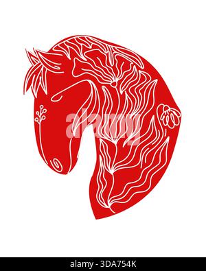 Rotes Pferd - Symbol des chinesischen Neujahrs 2026. Zodiac Pferdeform mit Blütenmuster. Happy Chinese New Year Banner. Stock Vektor