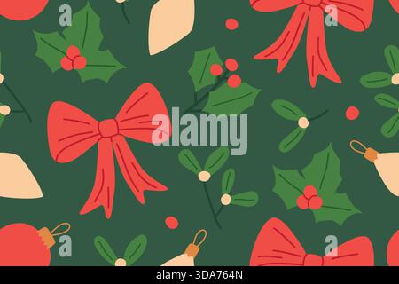 Nahtloses Weihnachtsmuster mit roten Schleifen, Kugeln, stechpalme und Mistelvektorillustration Stock Vektor