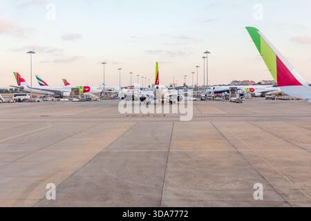 Flughafen Teneriffa Süd, Teneriffa, Spanien: 1. August 2024. Ein großer Blick auf das geschäftige Teneriffa South Airport Vorfeld zeigt mehrere Flugzeuge, die an Gates, Co. Gesäumt sind Stockfoto