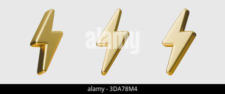 Setzen Sie goldene Blitz-Vektor-Design-Element elektrisches Sturm-Symbol. Grafisches Design mit 3D-Effekt mit goldenen Blitzlichtern. Erstklassiger Blitz Stock Vektor